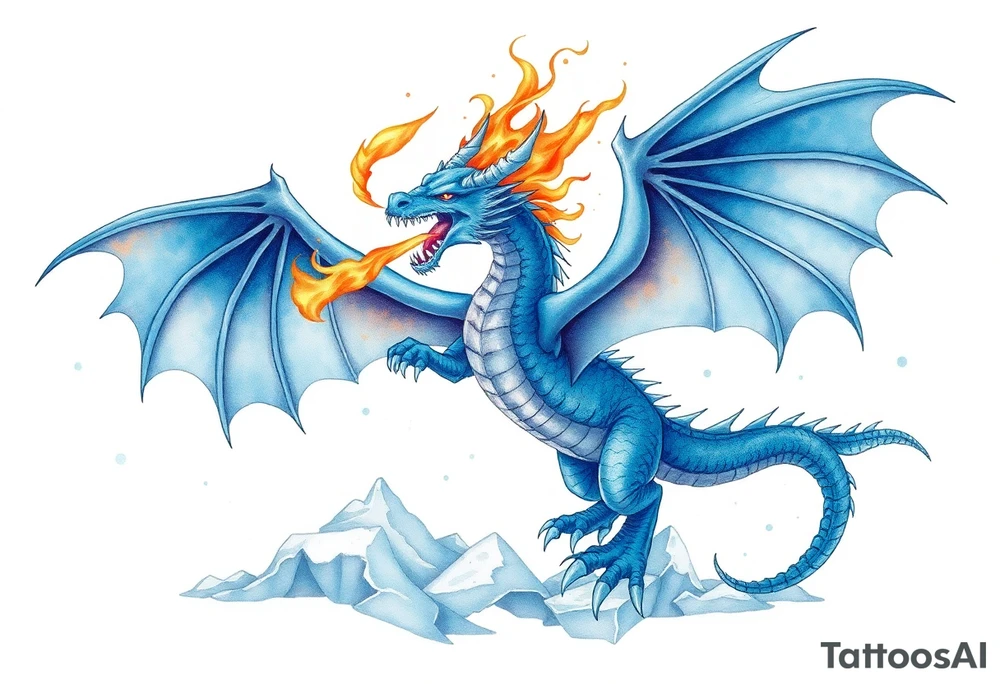 Blue fire breathing dragon with wings spread flying over ice tattoo idea