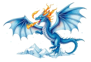 Blue fire breathing dragon with wings spread flying over ice tattoo idea