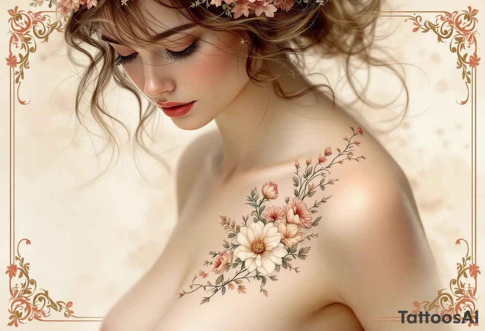 Alfons Mucha’s floral fairy in soft beige and blush tones, with ornamental frames in antique brass and muted coral. tattoo idea