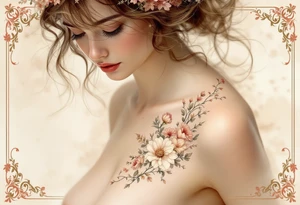 Alfons Mucha’s floral fairy in soft beige and blush tones, with ornamental frames in antique brass and muted coral. tattoo idea