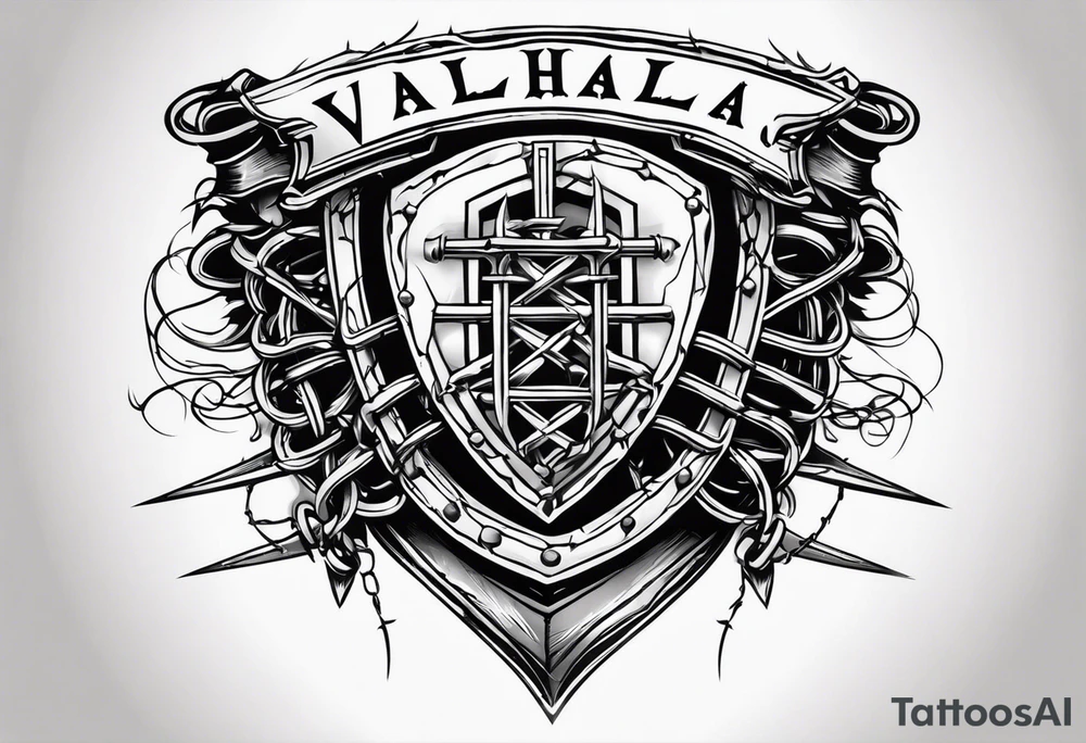 Valhalla sword shield barb wire chain tattoo idea