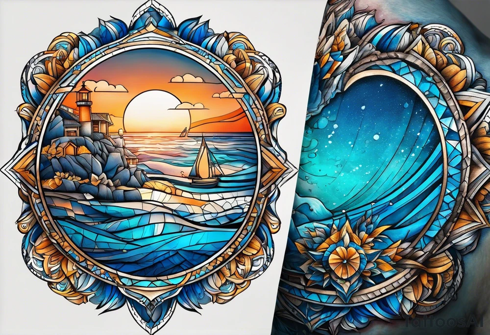 Relógio de areia com detalhes geométricos e uma areia colorida em tons de azul tattoo idea