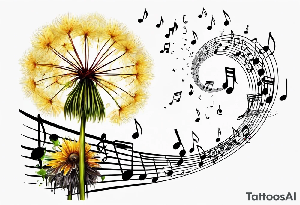 Dandelion puff breaking off into music notes tattoo idea