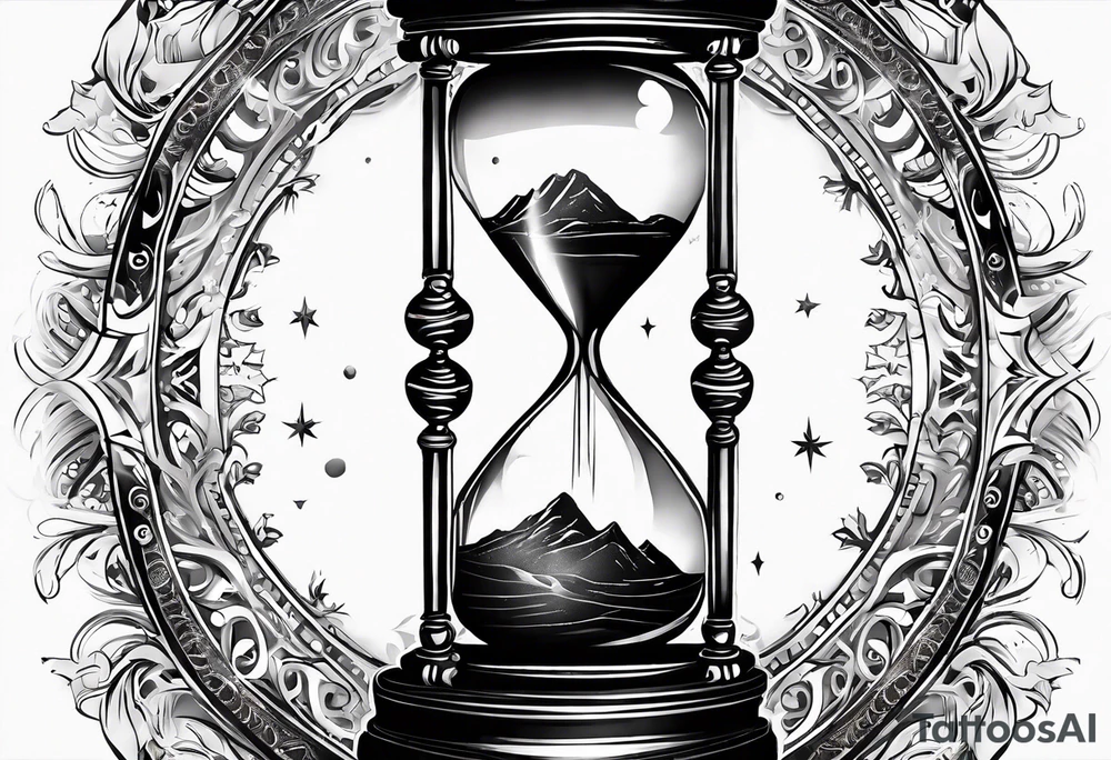 Hourglass with star stuff and cosmic dust exploding from the top and bottom of the hourglass. Long tattoo to fit on the forearm, mascuine tattoo idea
