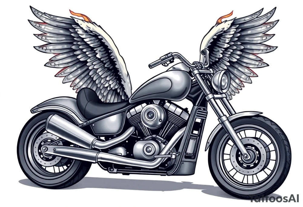Low rider grey motorcycle, big muffler pipes with flames, angel wings, driving away, no person tattoo idea
