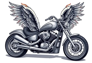 Low rider grey motorcycle, big muffler pipes with flames, angel wings, driving away, no person tattoo idea