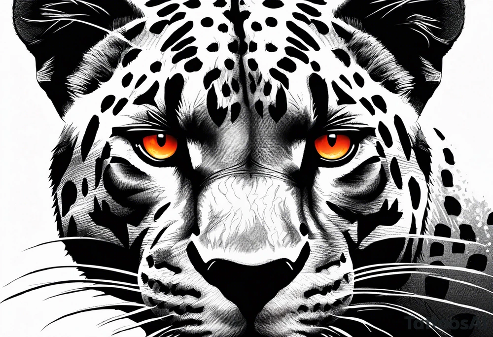 Facial of an angry panther with red-orange eyes tattoo idea