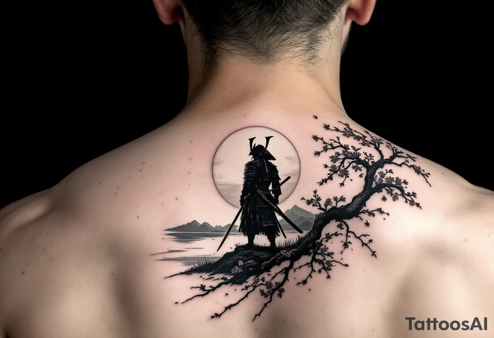 noble samurai warrior silhouette at sunset with cherry blossoms tattoo idea