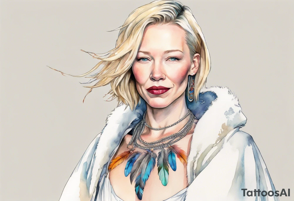 Cate Blanchette wearing white cloak  and boots and feather necklace tattoo idea