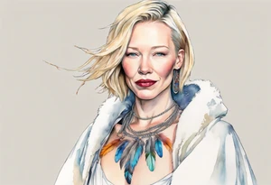 Cate Blanchette wearing white cloak  and boots and feather necklace tattoo idea