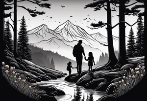 Family silhouette of a father, a mother with long straight blonde hair, grown son, middle daughter, and small daughter foraging mushrooms with mountains and creek in background tattoo idea
