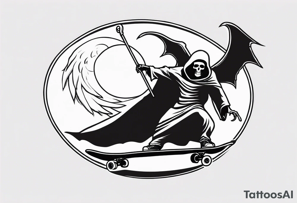 the grim reaper riding a skateboard with an angel halo above his head tattoo idea