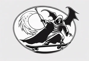 the grim reaper riding a skateboard with an angel halo above his head tattoo idea