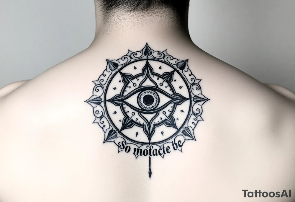 A abundance and protection symbol with an evil eye protection symbol in the center of it.  I’d like it windy very small “so mote it be” with a magic wand tattoo idea