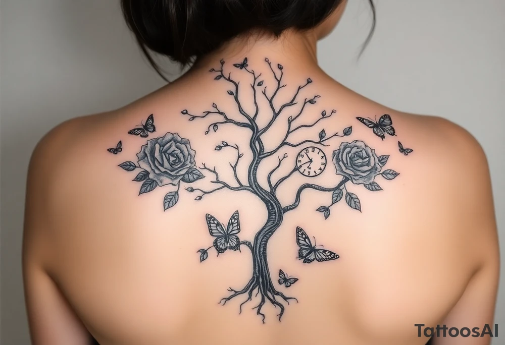 a clock, poisoned tree, big and small roses, big and small butterflies tattoo idea a clock, poisoned tree, big and small roses, big and small butterflies tattoo idea