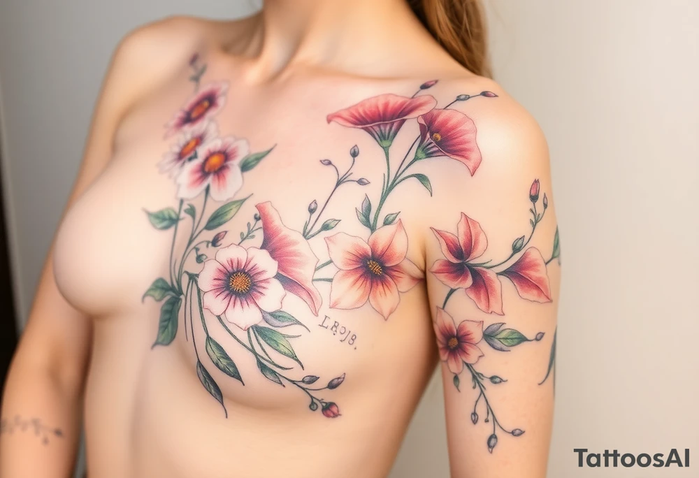 This tattoo is on a woman. It starts on her left side of the chest with a Glaiolus and Daisy together, then the tatoo rises over the left shoulder and down the arm and ends at the elbow. The tattoo will include a primroses, Calla Lilys, and Lillys. It will be light on color except in the petals and has light shading to make it pop. tattoo idea