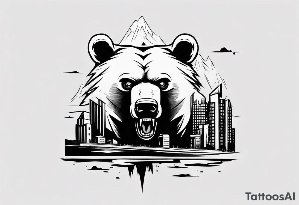 Angry bear coming up behind a city tattoo idea