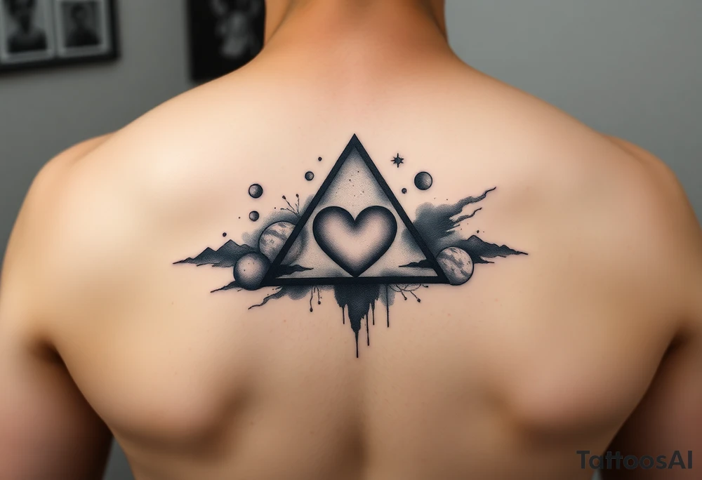 A single triangle with a heart in the center with planets and galaxy in background tattoo idea