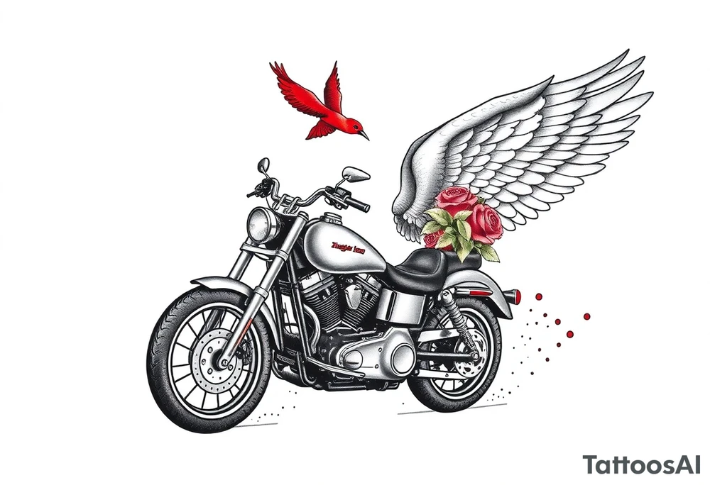 Harley grey motorcycle driving away, two red birds flying, roses, flames, angel wings tattoo idea