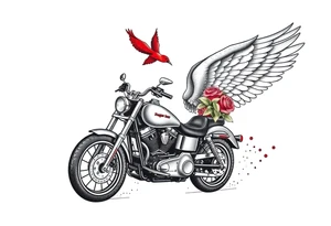 Harley grey motorcycle driving away, two red birds flying, roses, flames, angel wings tattoo idea