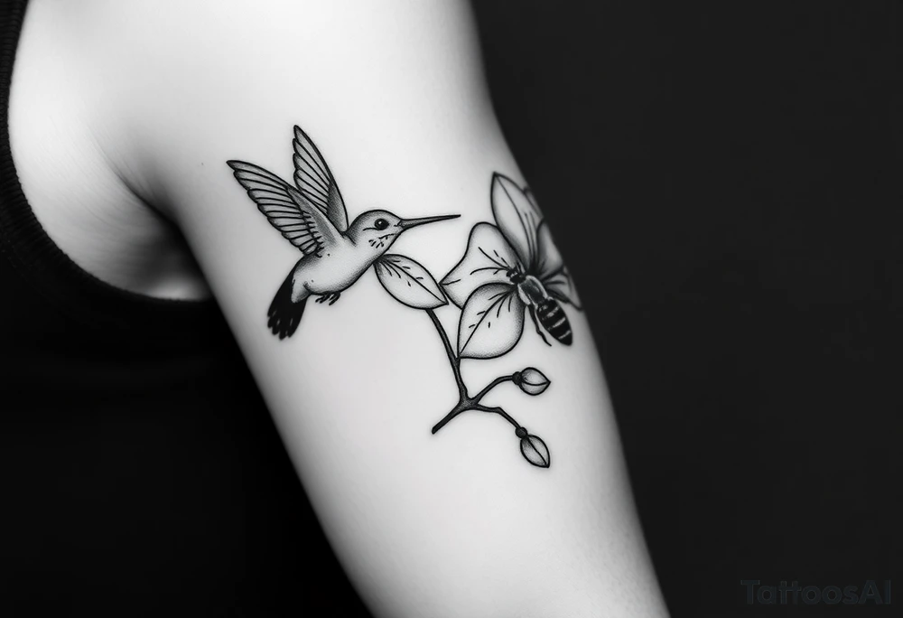 A delicate, black and white fine-line tattoo for male, featuring gracefully detailed 2 orchids in full bloom including their stems, with soft, intricate petals and elegant curves. Beside it, a hummingbird hovers mid-flight, its wings drawn with subtle motion lines, its slender beak reaching toward the orchid’s center to drink its nectar. on the other flower there is a bee that is resting tattoo idea
