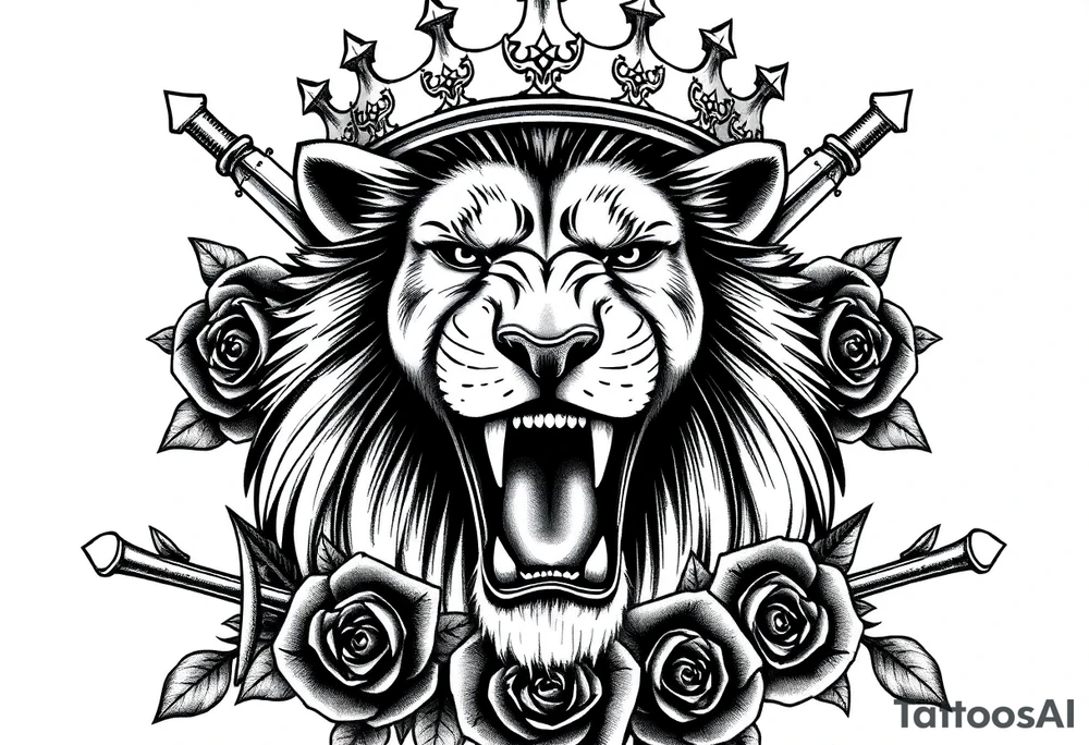 Fierce lion roaring, regal crown tilted, crossed swords framing its mane, dark roses. tattoo idea