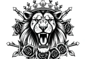 Fierce lion roaring, regal crown tilted, crossed swords framing its mane, dark roses. tattoo idea
