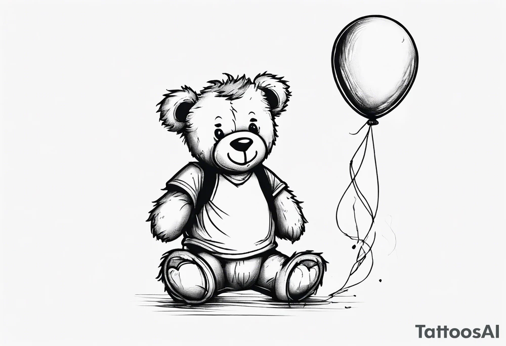 Scruffy teddy bear holding on to balloons and wearing a T-shirt tattoo idea