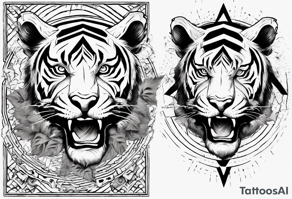 Ancient tiger with lightning and a sun for a forearm sleeve. With patterns surrounding it tattoo idea