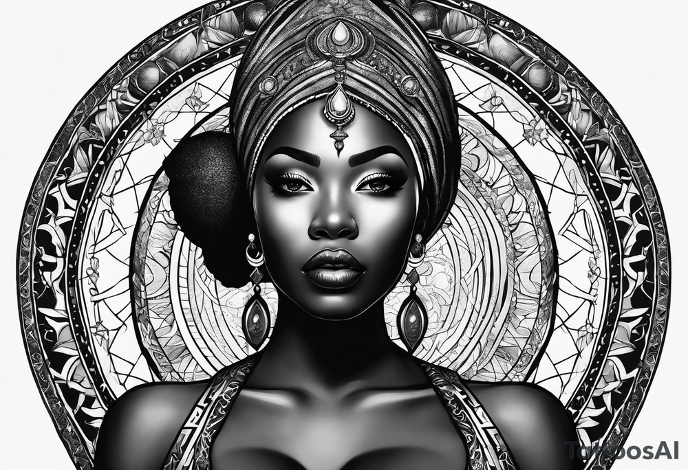 Black woman, royalty, enlightenment, wisdom, astronomy, cancer zodiac, natural, love, strength, power tattoo idea