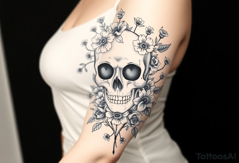 A half sleeve with Gothic pretty skull with heart shaped eyes surrounded by wildflowers and roses tattoo idea