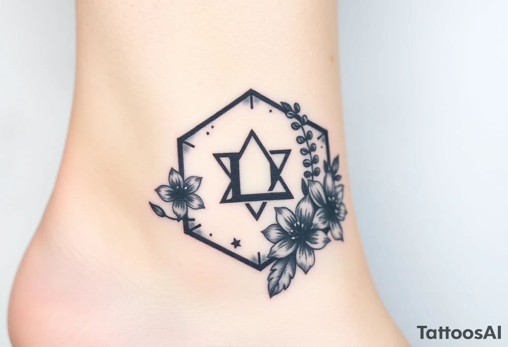 Hexagon Leo symbol larkspurs and water lilies tattoo idea