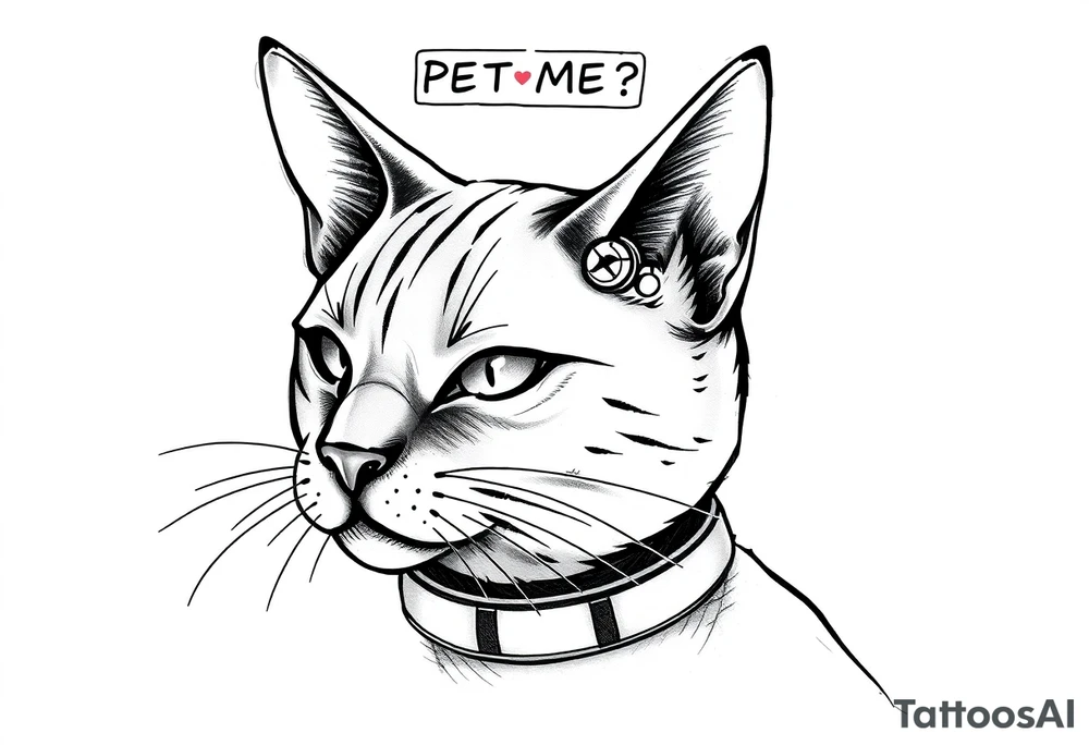 Cybernetic Cat with a Holographic CollarA sleek, cyberpunk cat with one glowing eye and mechanical enhancements.A floating AR display above its head showing "PET ME?"Whiskers made of thin fiber-optic cables. tattoo idea