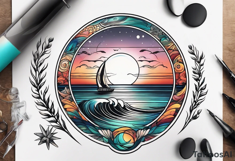 Circle shape, inside sunset and ocean drawing with retro look tattoo idea