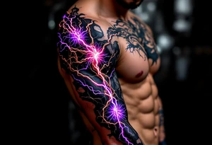 A vibrant design featuring copper tubes and electric violet plasma lines integrated into the skin’s anatomy. tattoo idea