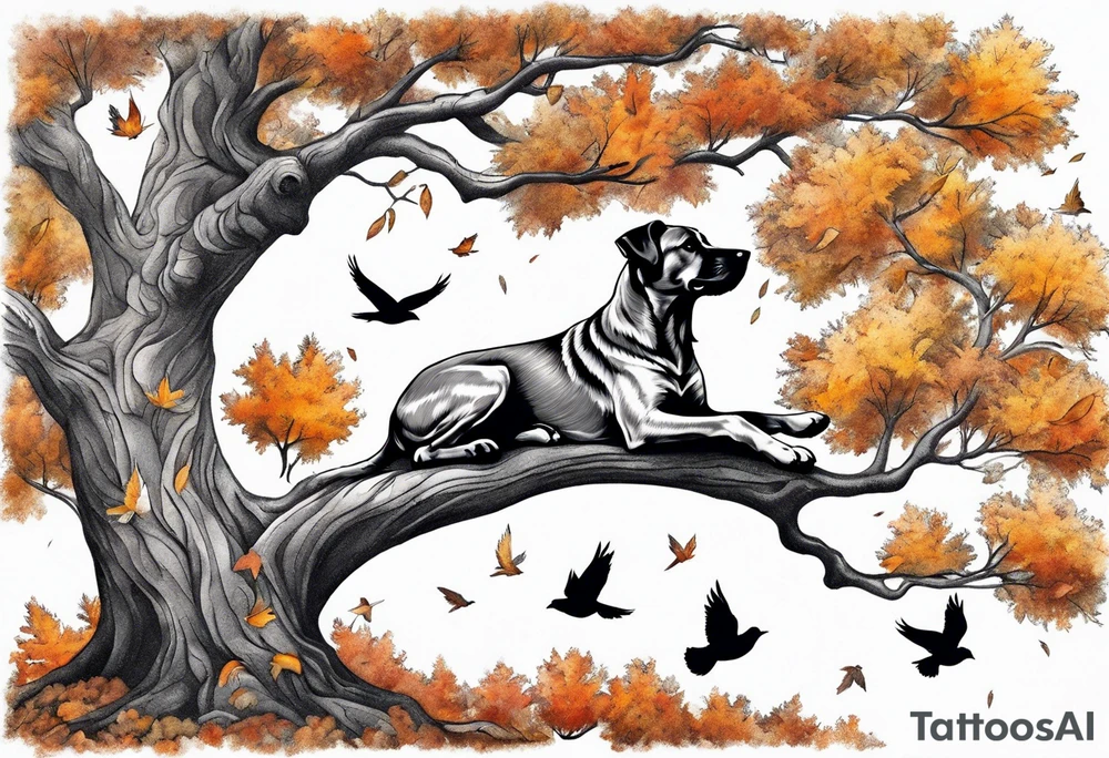 Autumn tree with a medium size grey brindle dog sitting to the right facing it looking up and birds flying from the top right of the tree tattoo idea