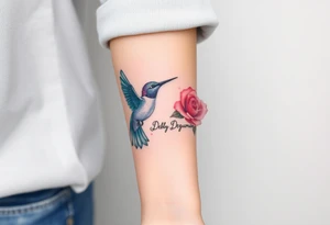 A tattoo on the forearm with the name Debby Deguzman with a humming bird and a rose tattoo idea