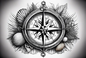 Compass,Open clam with pearl inside, shells, starfish tattoo idea