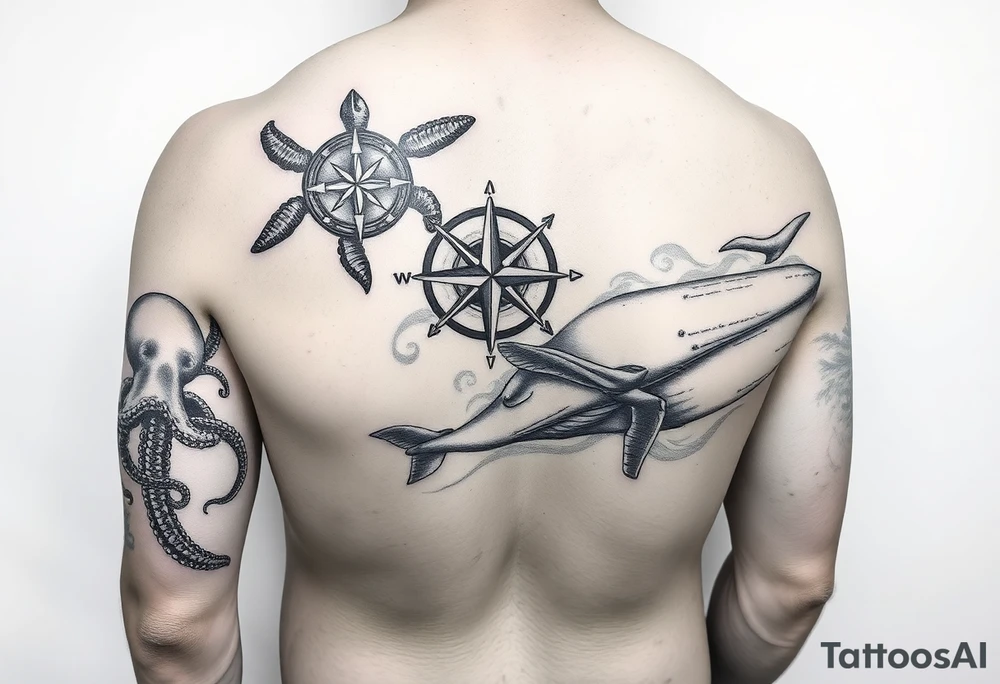 black and grey realistic full arm sleeve consisting of Compass Rose on the inner forearm as a focal point with loggerhead Turtles Swimming along the forearm, an Octopus Wrapping its tentacles around the arm,  a large whale gliding through the bicep area, and waves acting as the background to tie everything together. tattoo idea