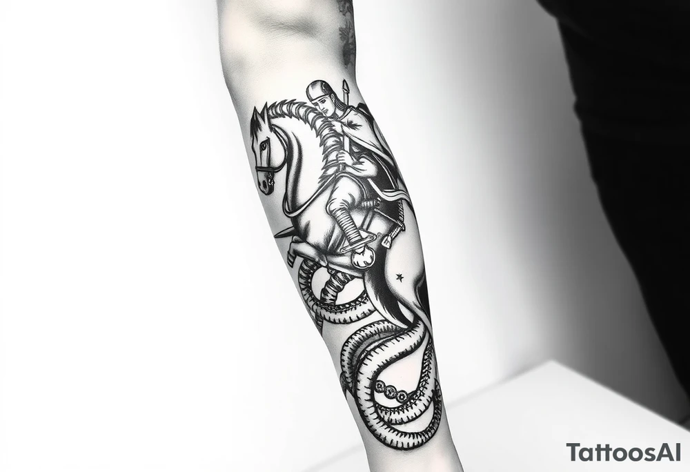 Make me full leg sleeve with St. George ridding a horse and snake wrapped around the leg with the sword going through its neck with back round clouds tattoo idea