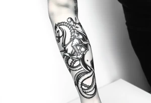 Make me full leg sleeve with St. George ridding a horse and snake wrapped around the leg with the sword going through its neck with back round clouds tattoo idea
