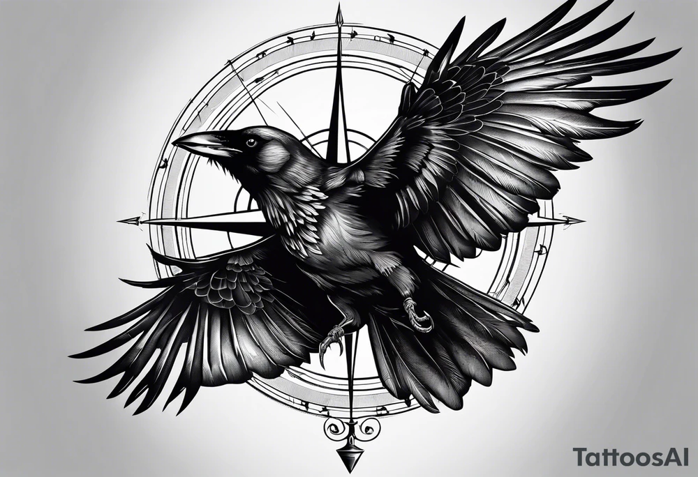 flying crow with compass and two wings tattoo idea