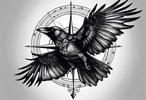 flying crow with compass and two wings tattoo idea