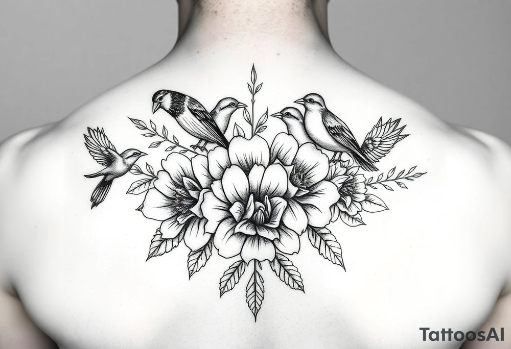 Different flowers with different birds surrounding them. Close together.
Black and white tattoo idea