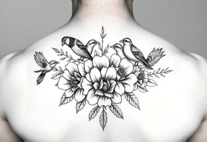 Different flowers with different birds surrounding them. Close together. 
Black and white tattoo idea