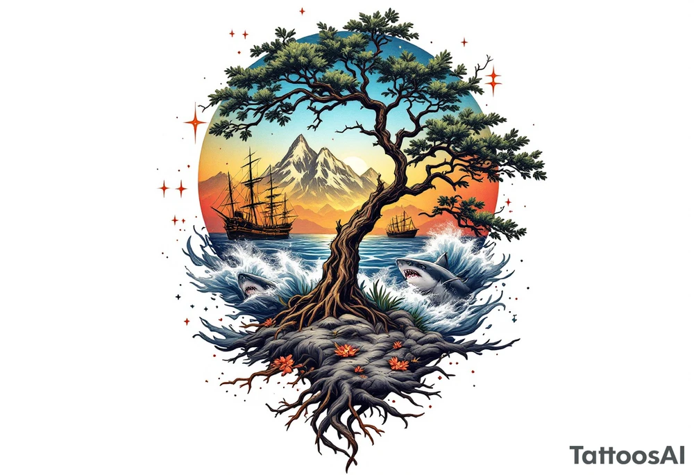 tattoo that has an acacia tree with mountains, ocean with a ship wreck with sharks and the northern star tattoo idea