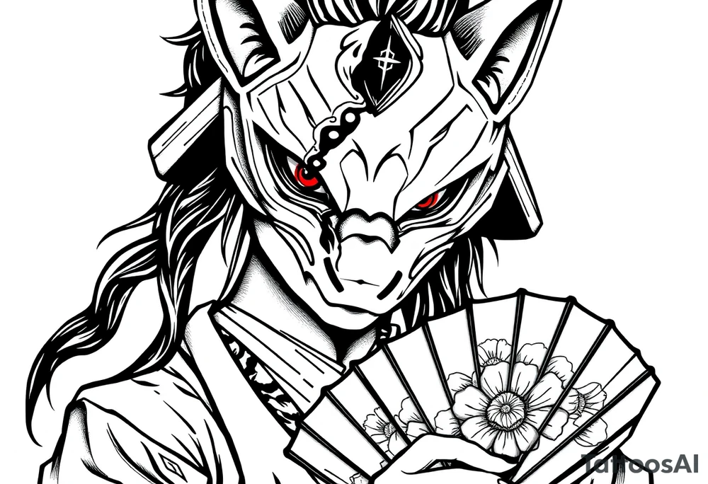 Woman samurai with red eyes wearing an half and broken fox mask, holding a japanese fan with irises. tattoo idea