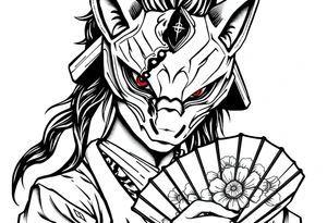 Woman samurai with red eyes wearing an half and broken fox mask, holding a japanese fan with irises. tattoo idea