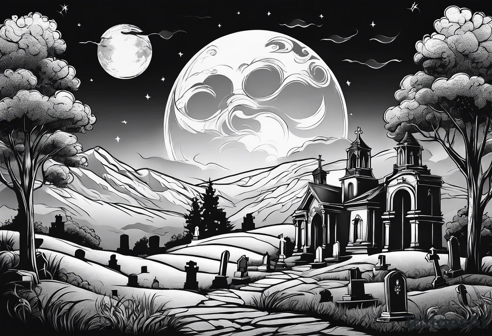 Cemetery on hills with smoke and moon tattoo idea