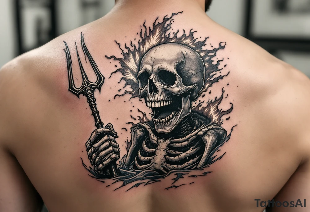 laughing skeleton with a trident, surrounded by fire and water tattoo idea
